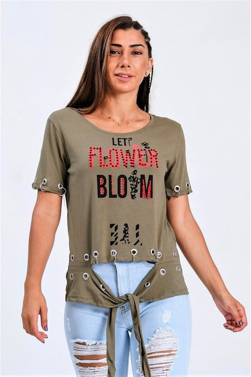 Yeşil Kuş Gözü Detaylı Önden Bağlamalı Yazılı Taşlı T-Shirt - S