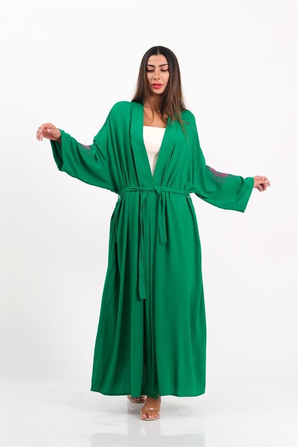 Yeşil Sırtı Ve Kolları Nakışlı Püsküllü Uzun Kimono