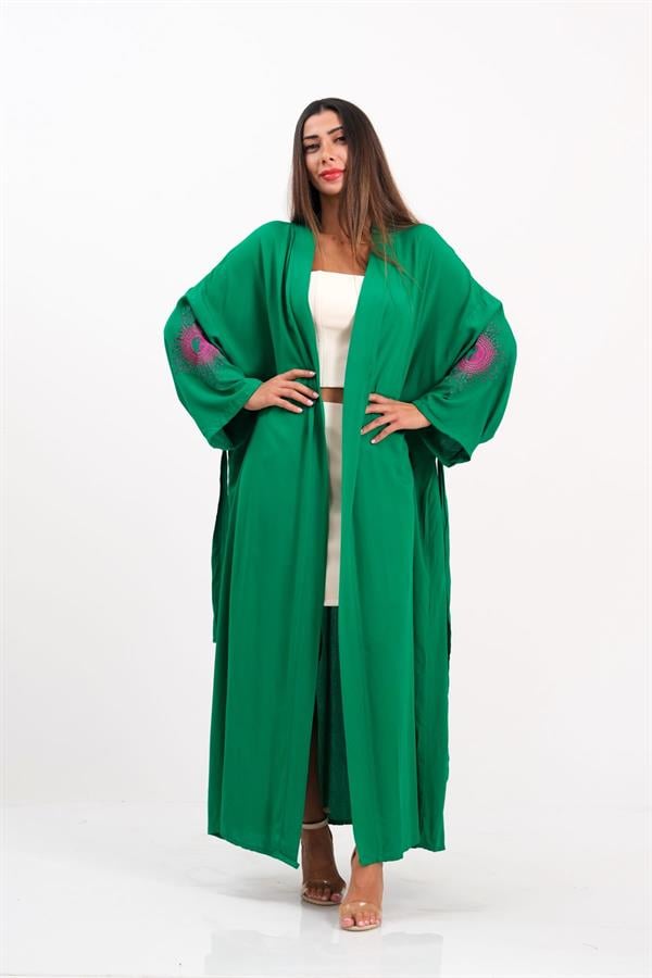 Yeşil Sırtı Ve Kolları Nakışlı Püsküllü Uzun Kimono