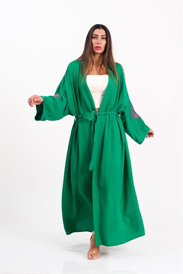 Yeşil Sırtı Ve Kolları Nakışlı Püsküllü Uzun Kimono