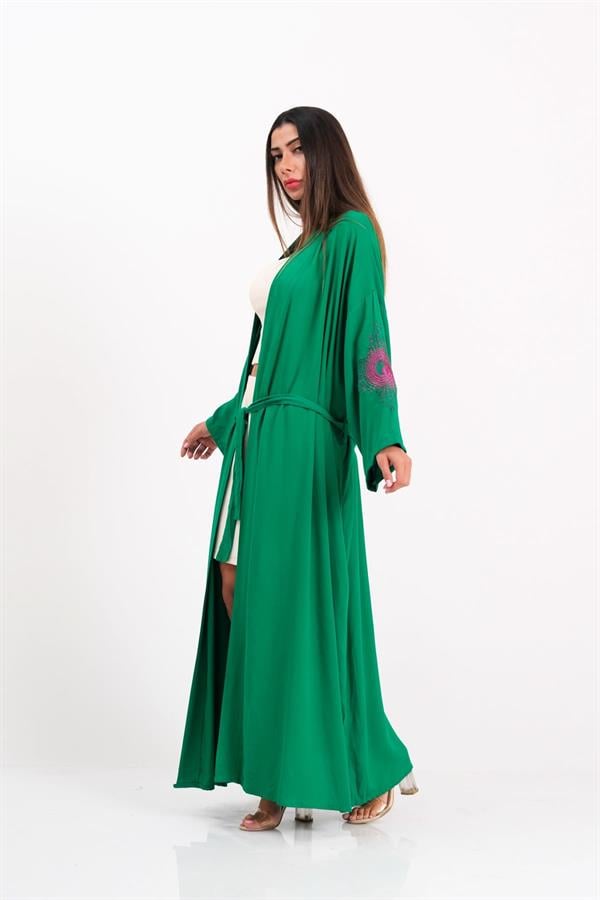 Yeşil Sırtı Ve Kolları Nakışlı Püsküllü Uzun Kimono