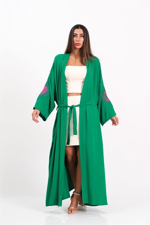 Yeşil Sırtı Ve Kolları Nakışlı Püsküllü Uzun Kimono