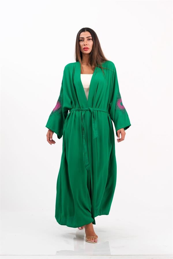 Yeşil Sırtı Ve Kolları Nakışlı Püsküllü Uzun Kimono