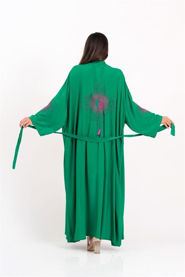 Yeşil Sırtı Ve Kolları Nakışlı Püsküllü Uzun Kimono