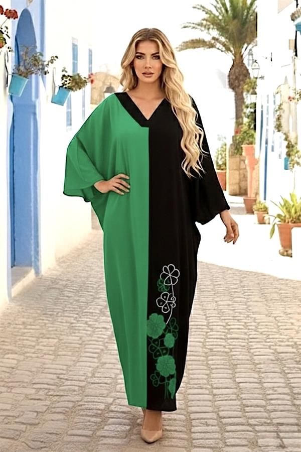Yeşil Siyah Garnili V Yaka Eteği Nakışlı Cepli Oversize Uzun Elbise